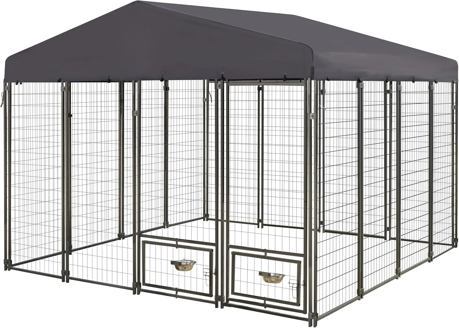10' x 10' x 7.5' Outdoor Dog Kennel, Heavy Duty Metal Dog Cage Dog Pen Enclosure House with Roof & Rotating Feeding Door
