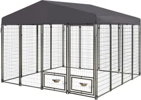 10' x 10' x 7.5' Outdoor Dog Kennel, Heavy Duty Metal Dog Cage Dog Pen Enclosure House with Roof & Rotating Feeding Door
