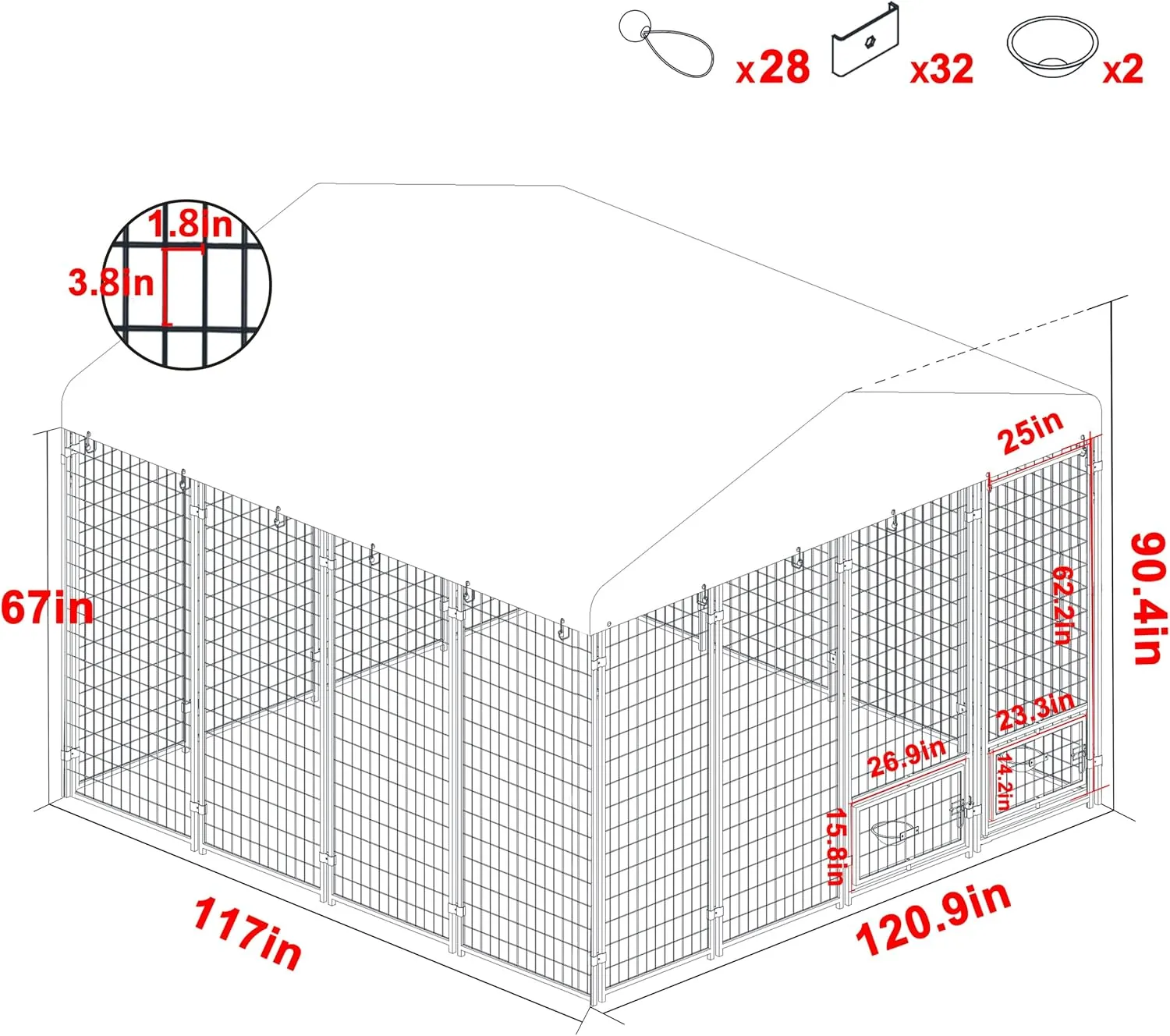10' x 10' x 7.5' Outdoor Dog Kennel, Heavy Duty Metal Dog Cage Dog Pen Enclosure House with Roof & Rotating Feeding Door