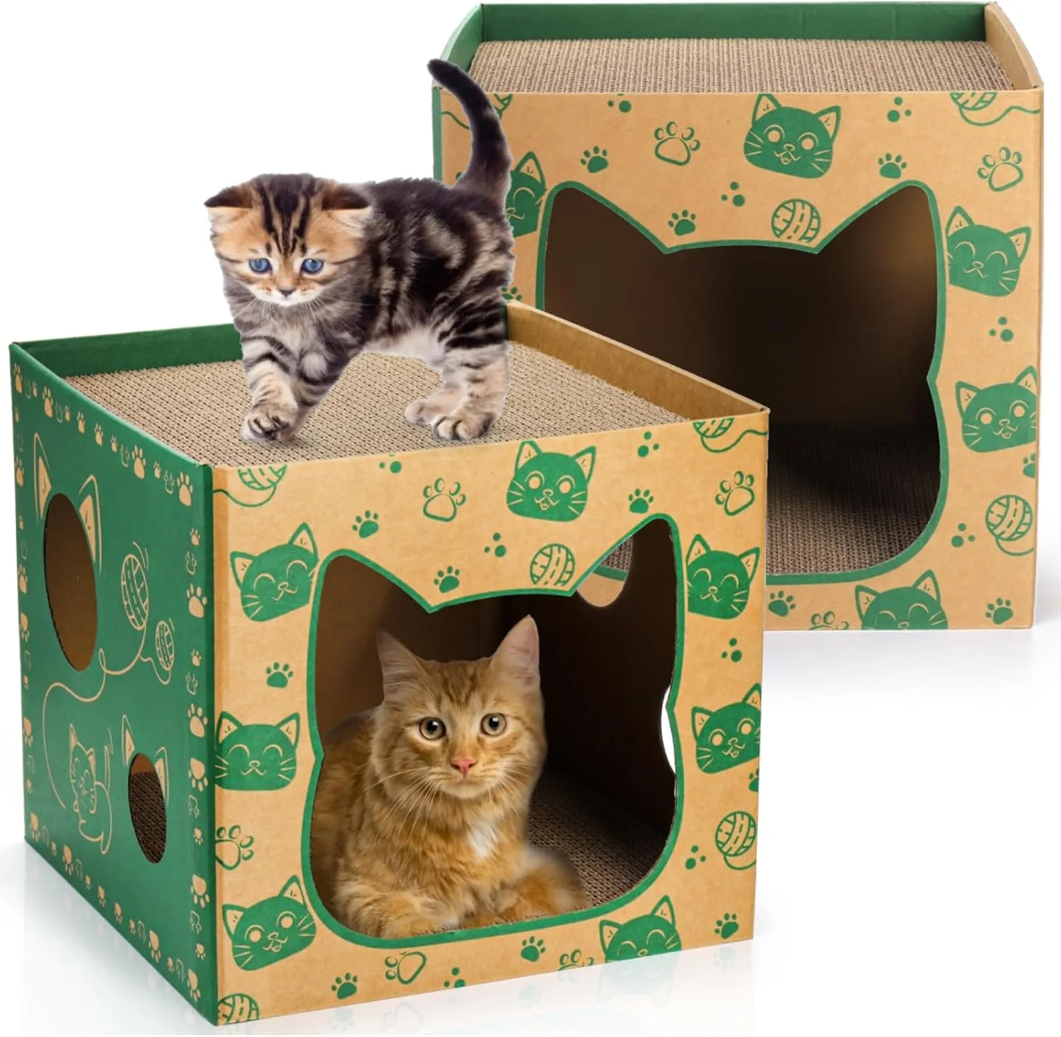 2 Pack Cardboard Cat Houses, Cat Play House with 2 PCS Scratching Pad, Corrugated Cat Hideaway Cave, Cute Cat Condos Box, Cat Scratching Toy, Scratcher Bed for Indoor Cats, Kittens, Bunny
