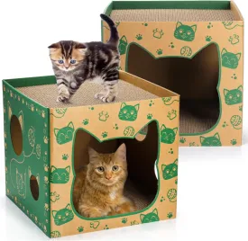 2 Pack Cardboard Cat Houses, Cat Play House with 2 PCS Scratching Pad, Corrugated Cat Hideaway Cave, Cute Cat Condos Box, Cat Scratching Toy, Scratcher Bed for Indoor Cats, Kittens, Bunny