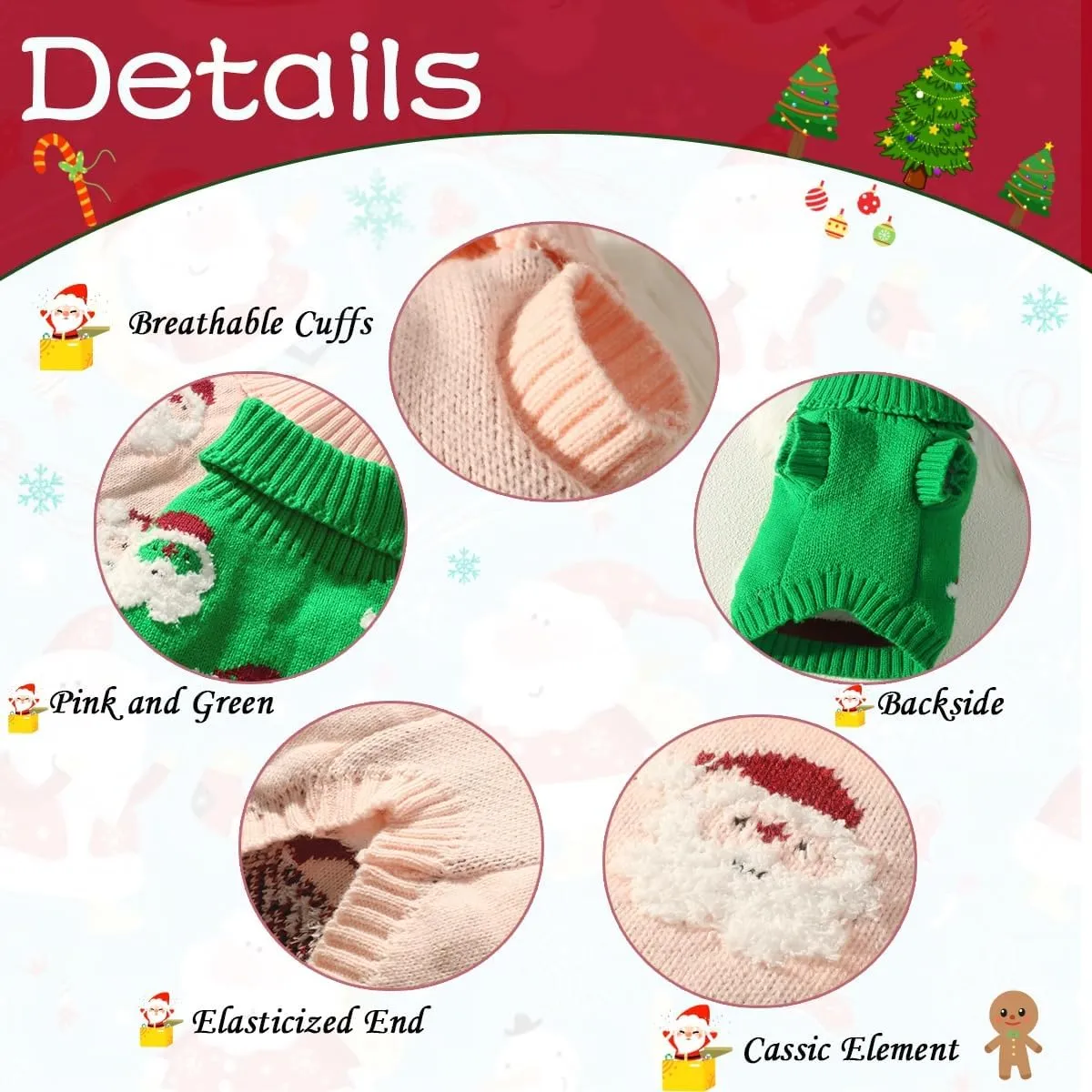 2Packs Christmas Sweater for Dog,Pink Green Christmas Pet Pullover Sweater Cute Soft Cat Puppy Santa Turtleneck Winter Kitten Knitted for Xmas Holiday Parties Outfit (Large)