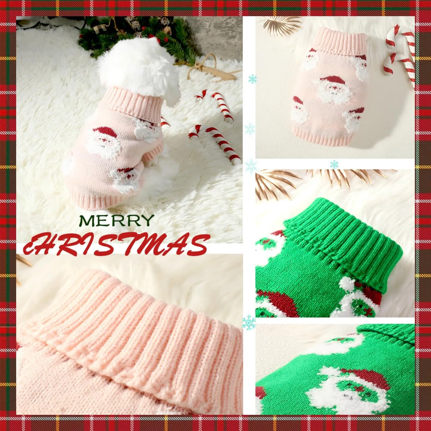 2Packs Christmas Sweater for Dog,Pink Green Christmas Pet Pullover Sweater Cute Soft Cat Puppy Santa Turtleneck Winter Kitten Knitted for Xmas Holiday Parties Outfit (Large)