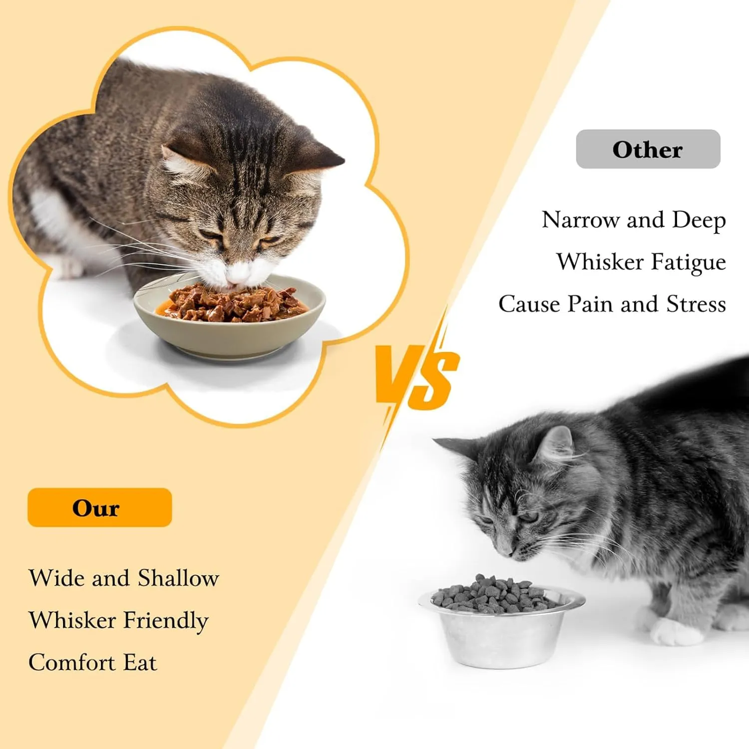 5.7'' Ceramic Wide Whisker Friendly Cat Dishes, Cute Flat Kitten Bowl, Small Wide Cats Plates with Silicone Bottom, Microwave and Dishwasher Safe, Non-Slip and Quiet (Brown,Deep)