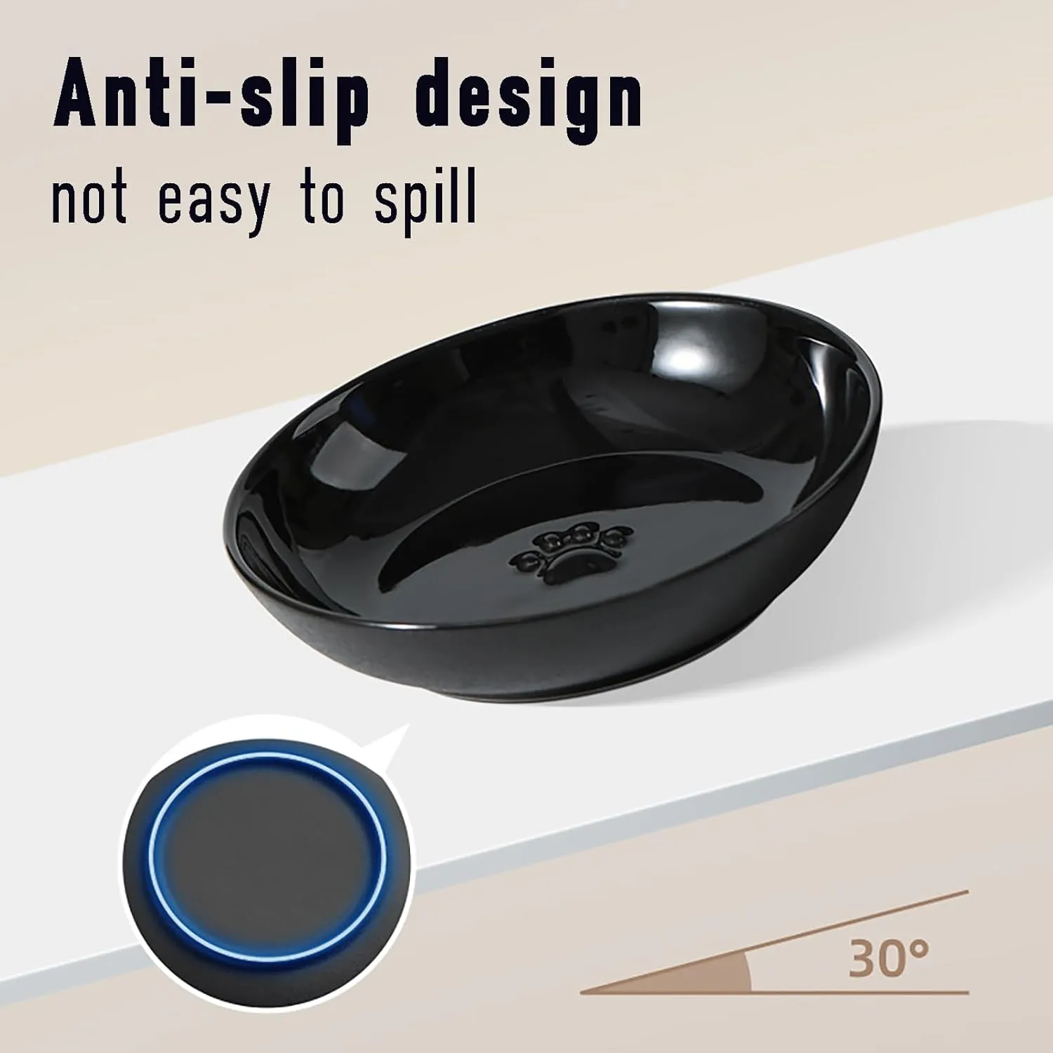 5.7'' Ceramic Wide Whisker Friendly Cat Dishes, Cute Flat Kitten Bowl, Small Wide Cats Plates with Silicone Bottom, Microwave and Dishwasher Safe, Non-Slip and Quiet (Brown,Deep)