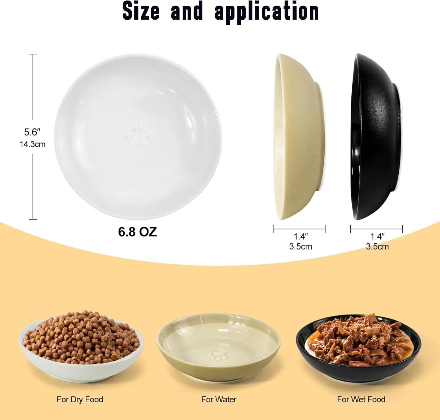 5.7'' Ceramic Wide Whisker Friendly Cat Dishes, Cute Flat Kitten Bowl, Small Wide Cats Plates with Silicone Bottom, Microwave and Dishwasher Safe, Non-Slip and Quiet (Brown,Deep)