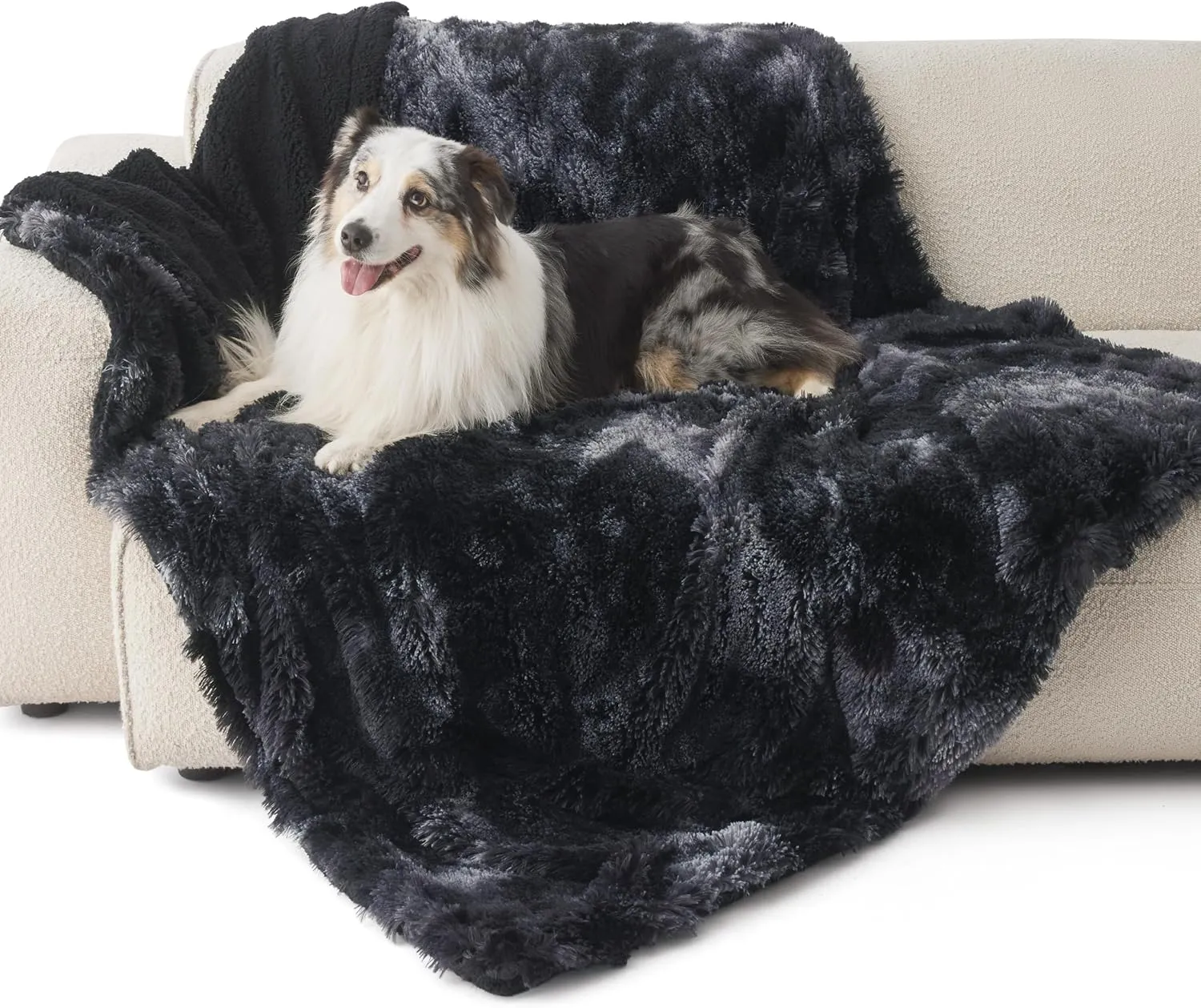 Bedsure Waterproof Dog Blankets for Large Dogs - Calming Cat Blanket for Bed Protector Washable, Long Faux Fur Pet Throw Blanket for Puppy, Reversible Furniture Protection, 60"x80", Tie-dye Black