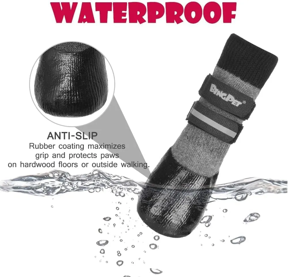 BINGPET Dog Socks for Hardwood Floors,Outdoor Anti Slip Waterproof Paw Protector,Dog Boots for Hot Pavement for All Season Grip Socks Prevent Licking for Small Medium Large Old Dogs