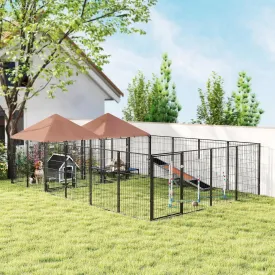 Coffee Color Large Dog Kennel for Dogs up to 66 lbs - 2-Room Outdoor Dog Cage with Sunproof PVC Cover, Escape-Proof Latch & Adjustable Bowls - 42 88 Sq.Ft Pet Playpen (Steel & Oxford Cloth)