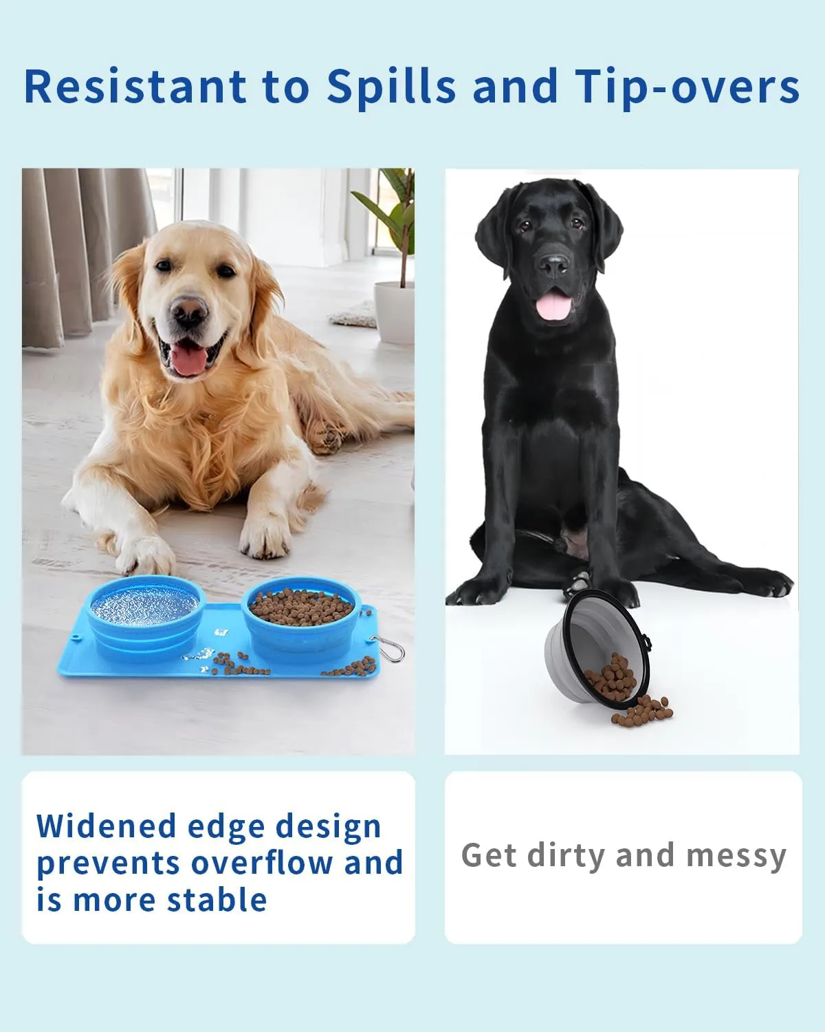 Collapsible Portable 2-in-1 Dog Bowl, Integrated Travel Dog/Cat Food Water Bowl, Silicone Foldable Expandable Bowl with Carabiner - Anti-Spill and Anti-Skid - for Camping/Traveling LPFLASAT (Blue)