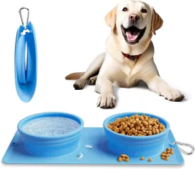 Collapsible Portable 2-in-1 Dog Bowl, Integrated Travel Dog/Cat Food Water Bowl, Silicone Foldable Expandable Bowl with Carabiner - Anti-Spill and Anti-Skid - for Camping/Traveling LPFLASAT (Blue)