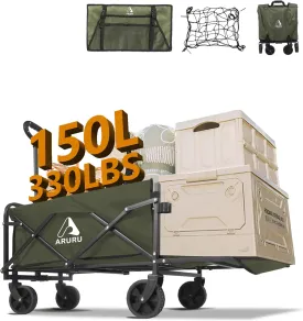 Collapsible Wagon Cart with Tailgate, 330LBS Heavy Duty Utility Folding Beach Wagons with All-Terrain Wheels, Cup Holders, PortableFoldable for Grocery Sports Garden Shopping Camping Pets