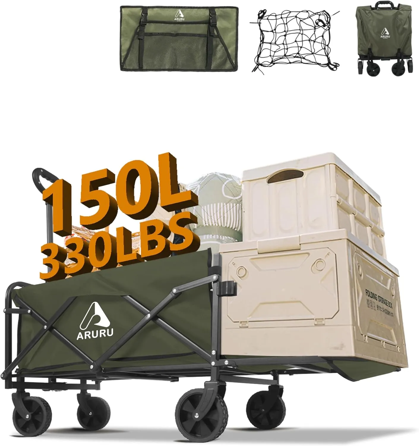 Collapsible Wagon Cart with Tailgate, 330LBS Heavy Duty Utility Folding Beach Wagons with All-Terrain Wheels, Cup Holders, PortableFoldable for Grocery Sports Garden Shopping Camping Pets
