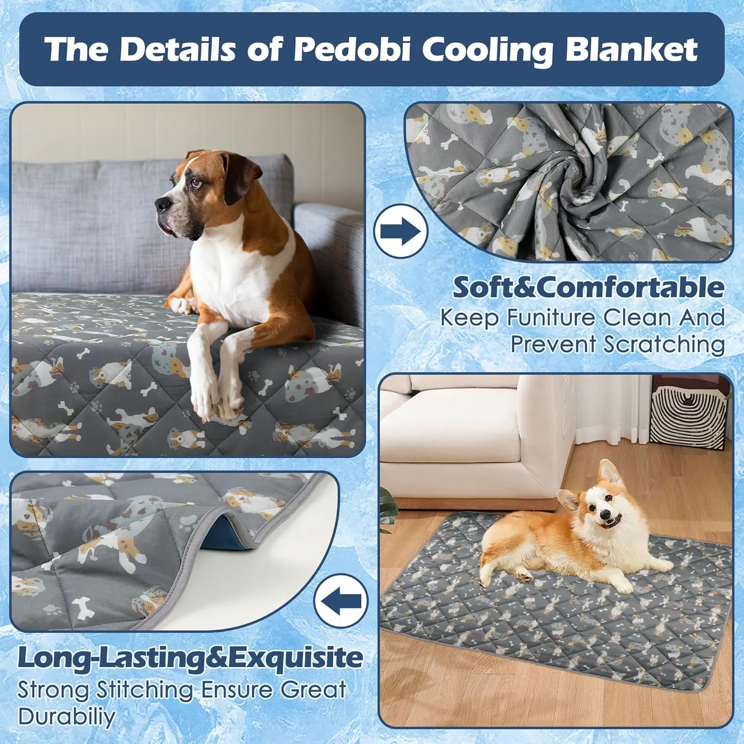 Cooling Mat for Large Dogs - Washable Dog Cooling Blanket, Durable Self Cooling Pet Mat for Cat, Soft Summer Blanket for Hot Weather, 40''x55'' Grey