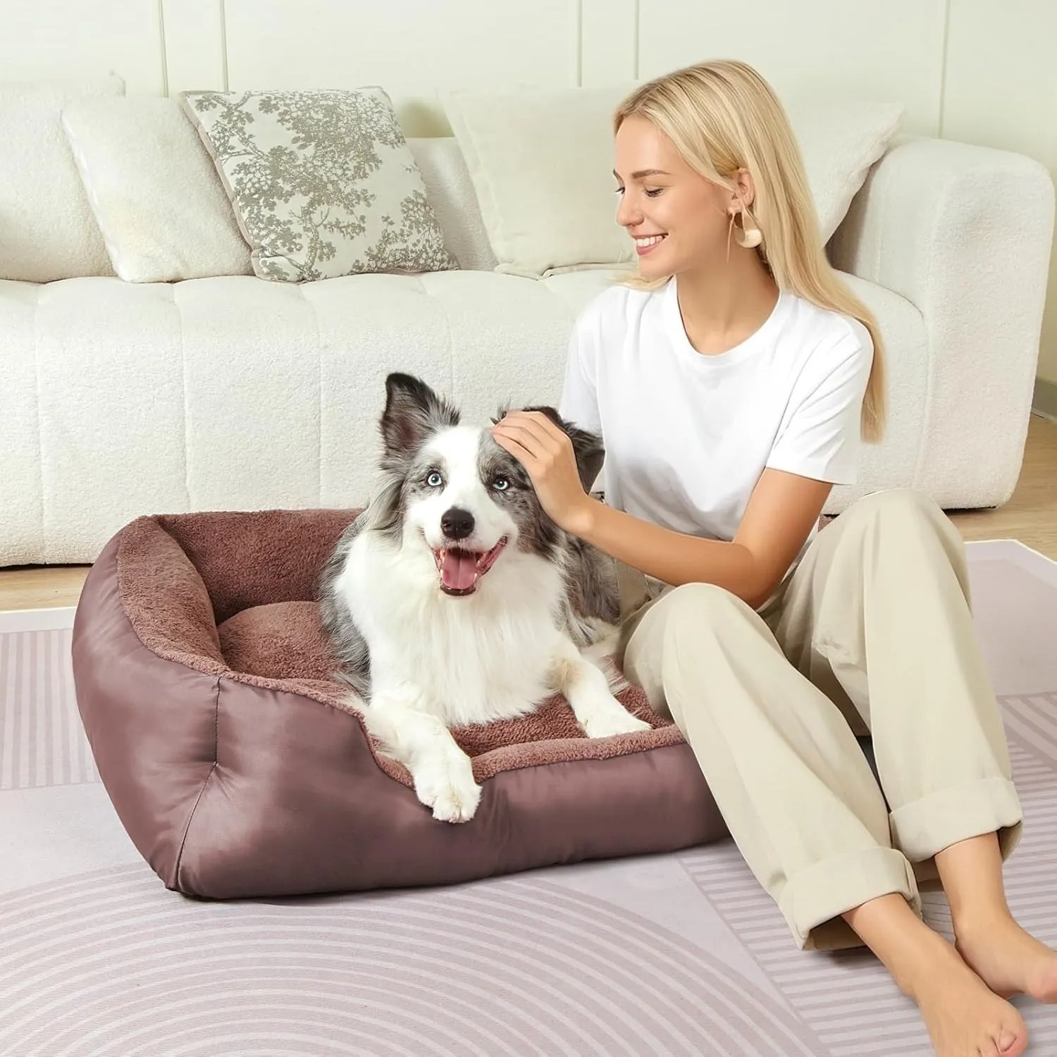 Dog Beds for Large Dogs, Rectangle Washable Pet Bed, Soft Calming Extra Large Dog Bed with Nonskid Bottom, Brown