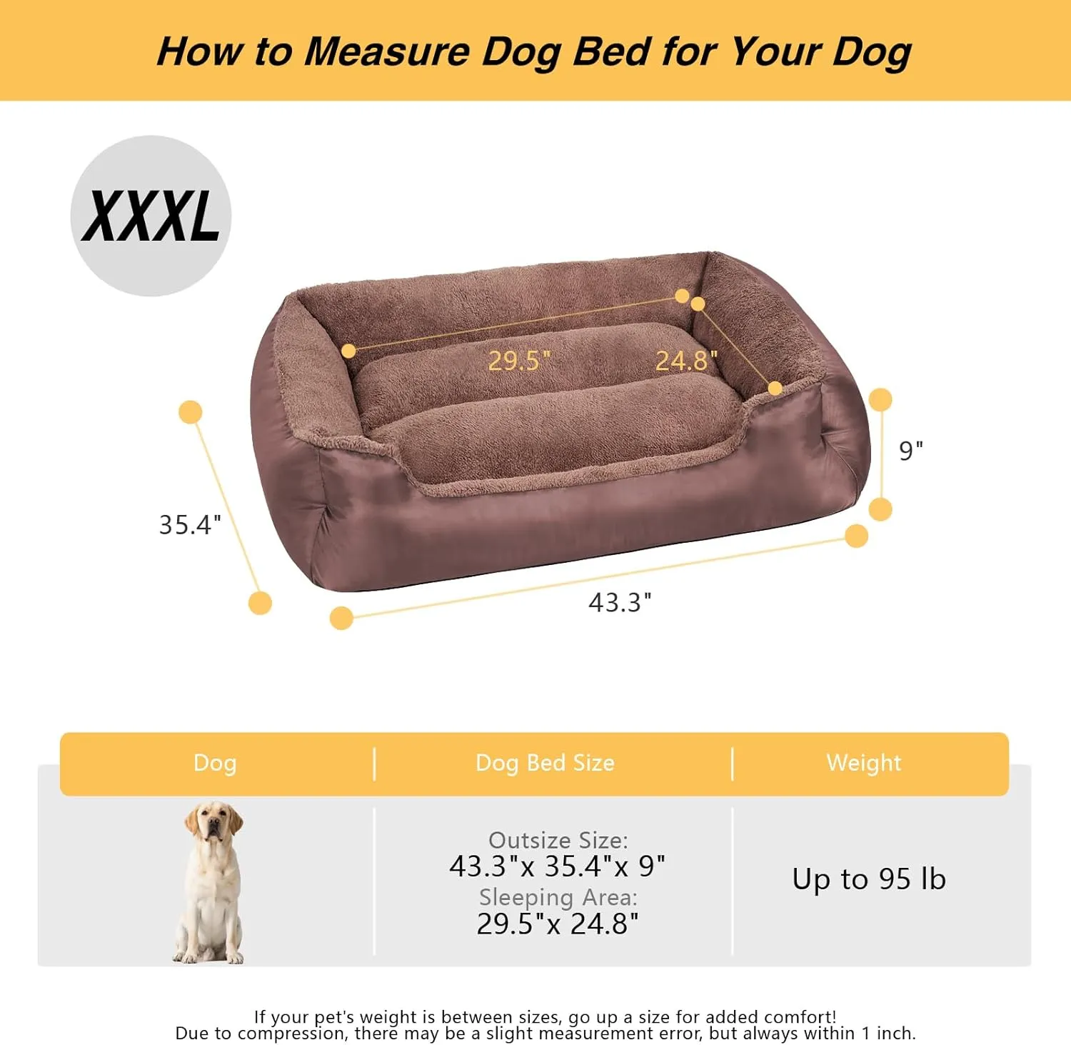 Dog Beds for Large Dogs, Rectangle Washable Pet Bed, Soft Calming Extra Large Dog Bed with Nonskid Bottom, Brown