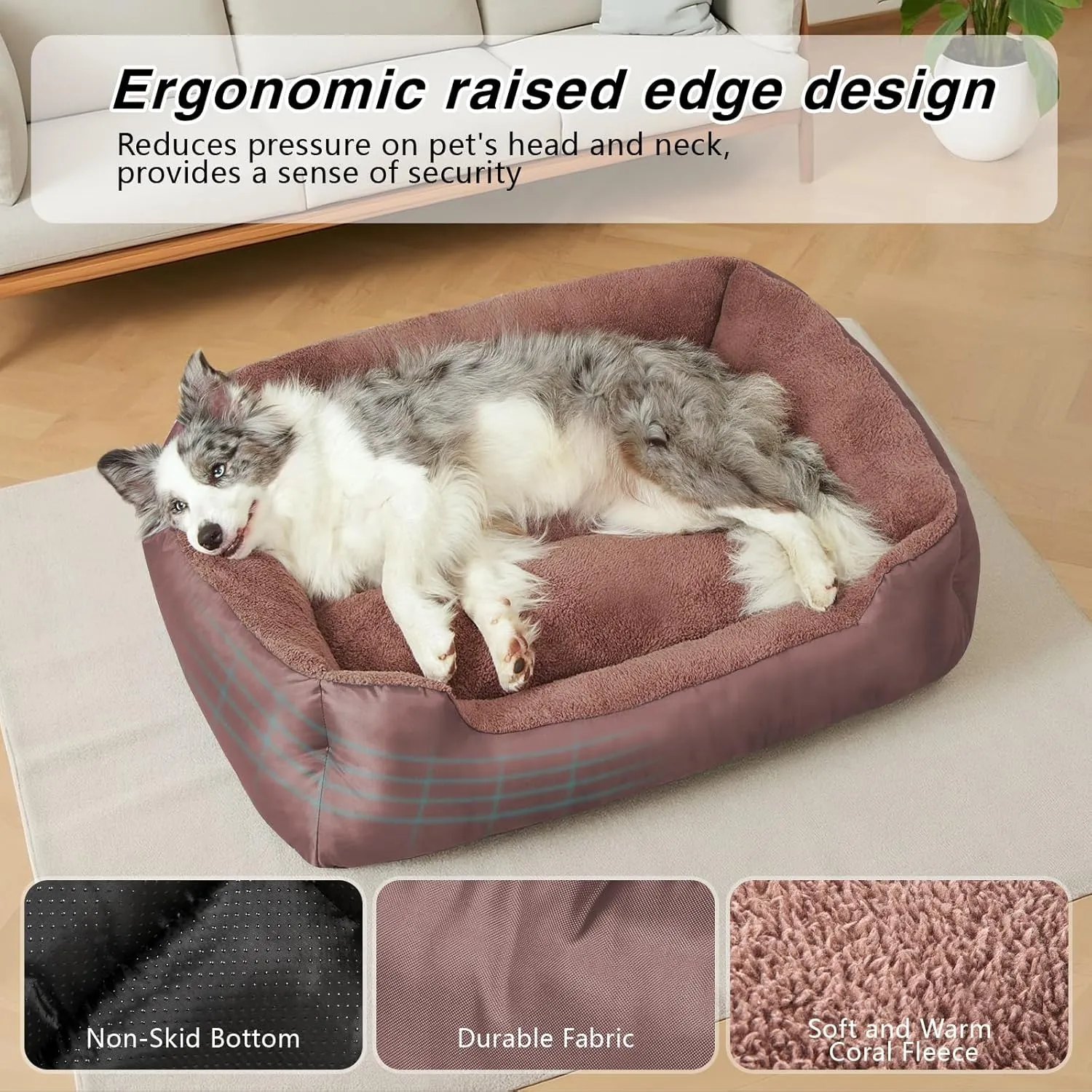 Dog Beds for Large Dogs, Rectangle Washable Pet Bed, Soft Calming Extra Large Dog Bed with Nonskid Bottom, Brown