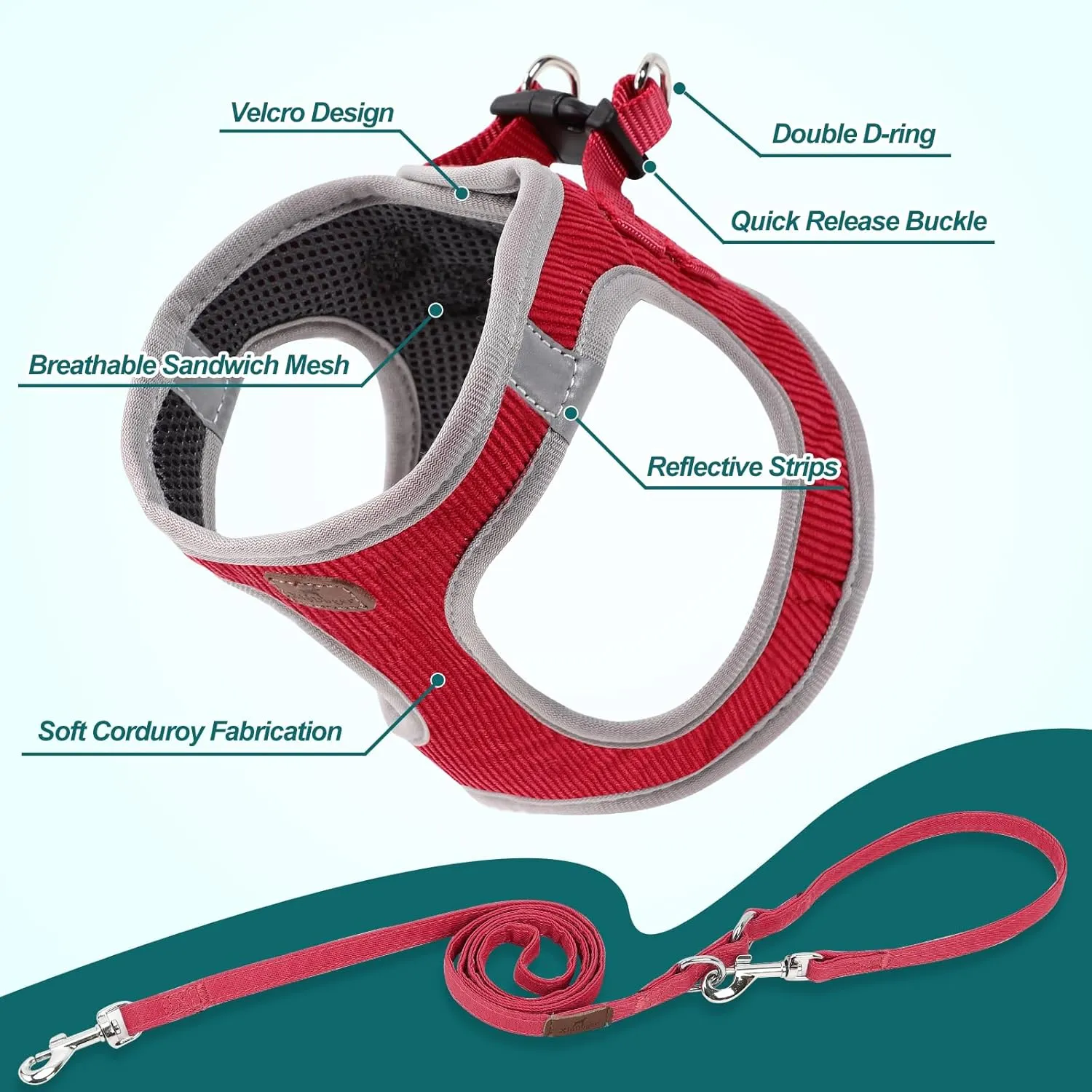 Dog Harness with Multifunction Dog Leash,No Pull Reflective Step-in Harness for Soft Adjustable No Choke Escape Proof,Easy Walk Dog Harness for Medium Dogs (Red &Grey, L)