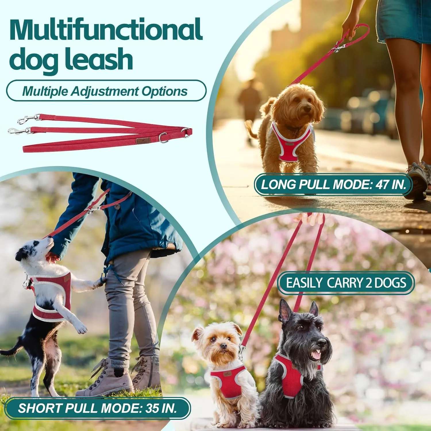 Dog Harness with Multifunction Dog Leash,No Pull Reflective Step-in Harness for Soft Adjustable No Choke Escape Proof,Easy Walk Dog Harness for Medium Dogs (Red &Grey, L)
