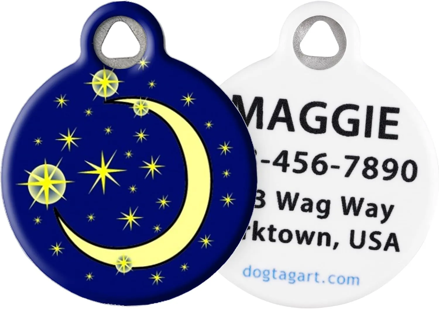 Dog Tag Art Moon and Stars Crescent Moon Personalized Pet ID Tag for Dogs and Cats, Silent Dog Tag with Customized Identification Information - Large 1.25" Diameter