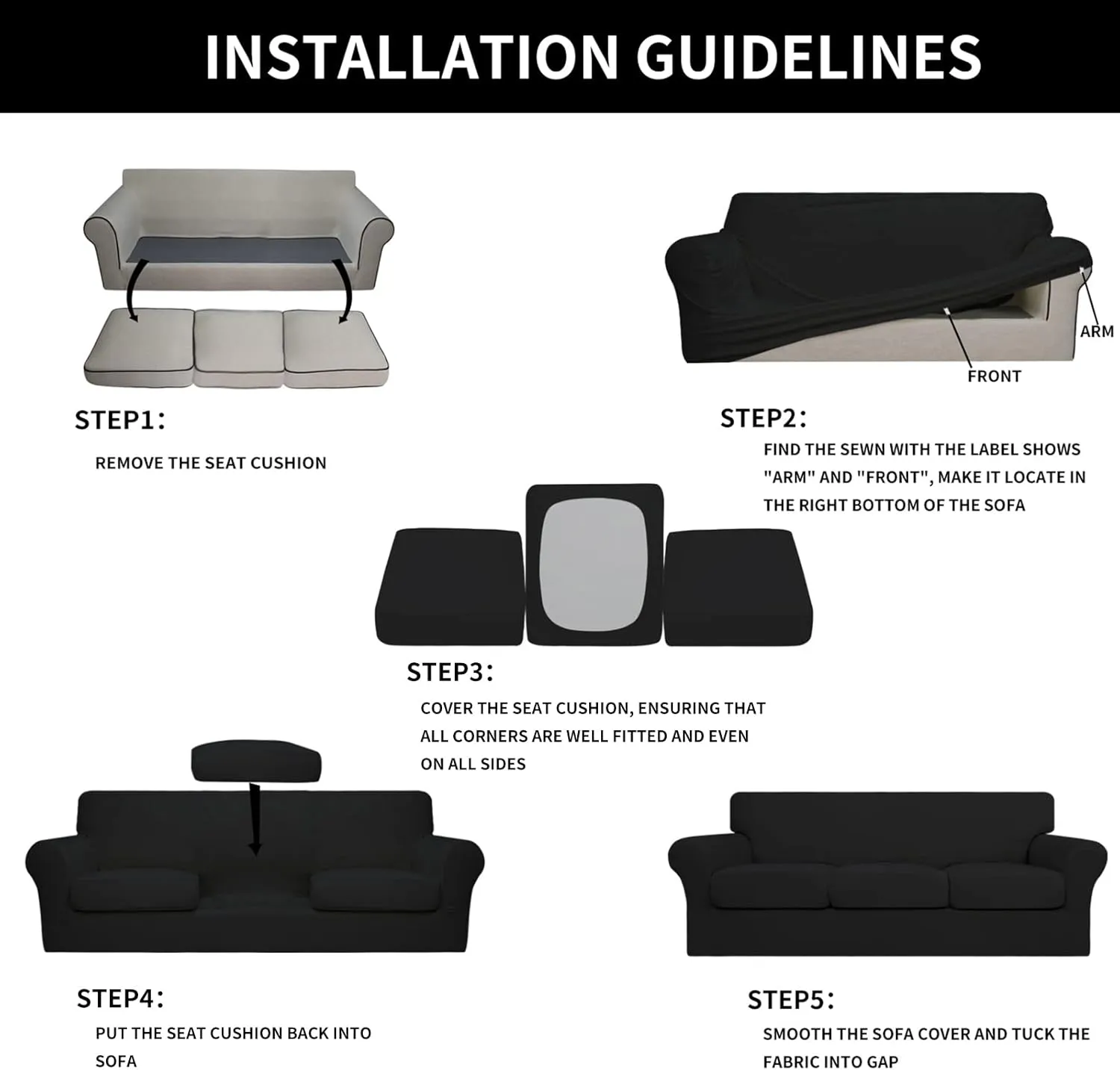 Easy-Going 4 Pieces Stretch Soft Couch Cover for Dogs - Washable Sofa Slipcover for 3 Separate Cushion Couch - Elastic Furniture Protector for Pets, Kids (Sofa, Black) Large