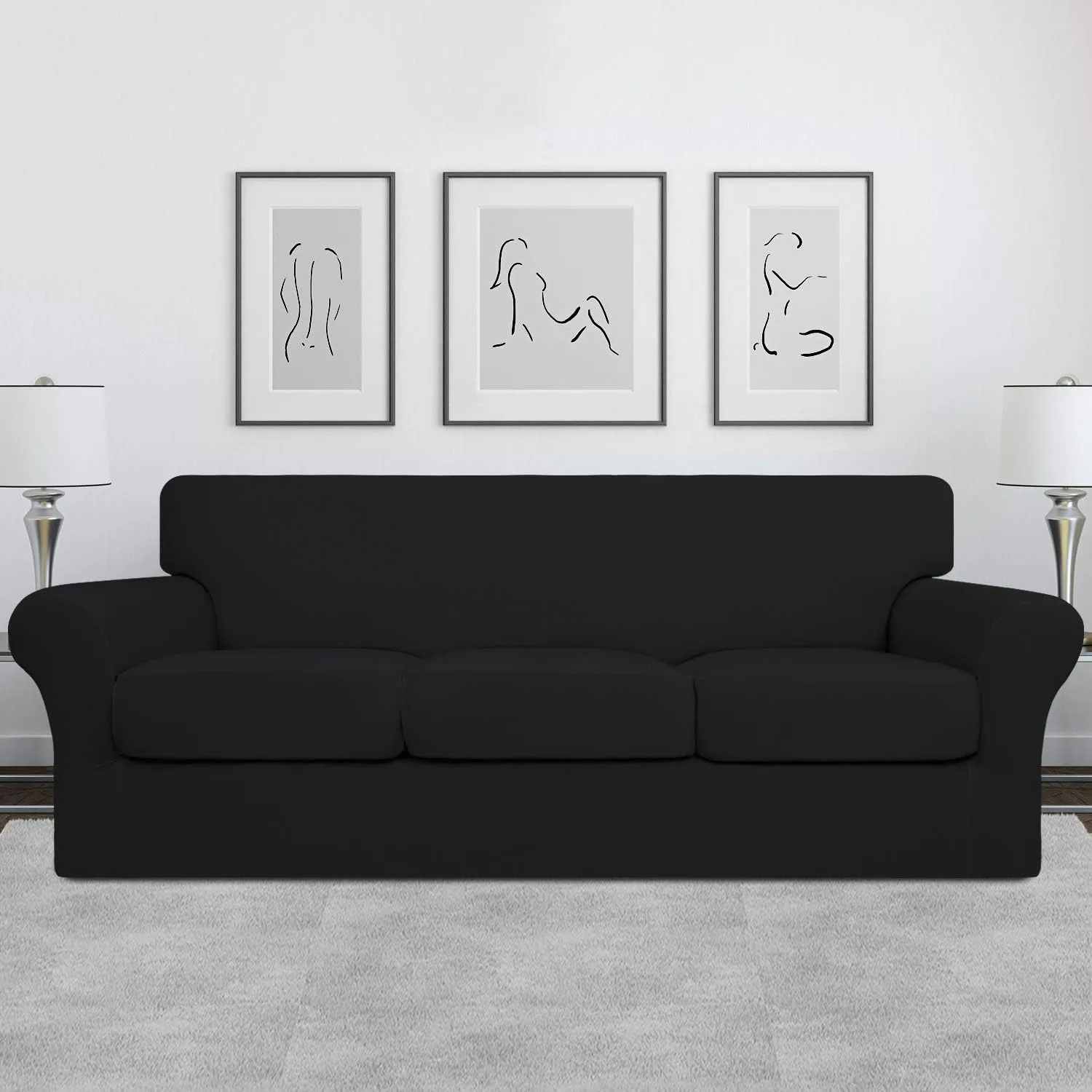 Easy-Going 4 Pieces Stretch Soft Couch Cover for Dogs - Washable Sofa Slipcover for 3 Separate Cushion Couch - Elastic Furniture Protector for Pets, Kids (Sofa, Black) Large