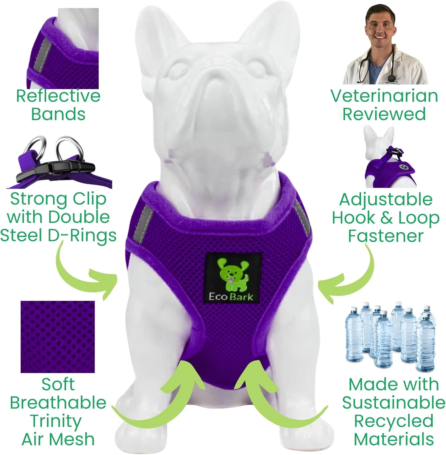 EcoBark Step in Dog Harness - Eco-Friendly Dog Harnesses for Small and Medium Dogs - Reflective and Adjustable Body Halter Vest - Soft Mesh Toy Breed Harness (Purple, Medium)