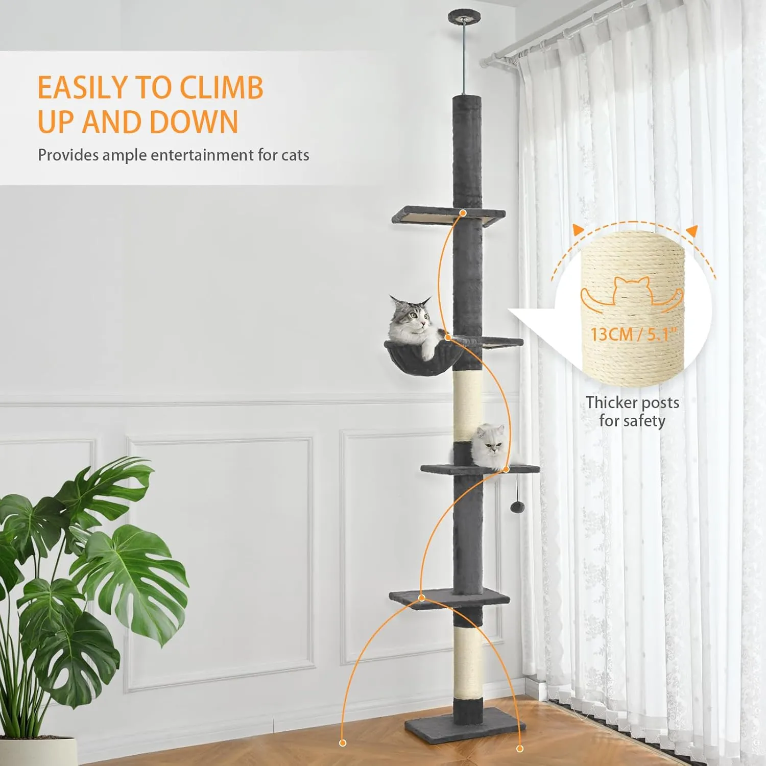 Floor to Ceiling Cat Tree,5 Tiers Tall Cat Tower with Adjustable Height(95-110),Cat Tree Ceiling to Floor with Cozy Hammock,Sisal Scratching Posts,Platforms,and Hanging Balls for Large Cats