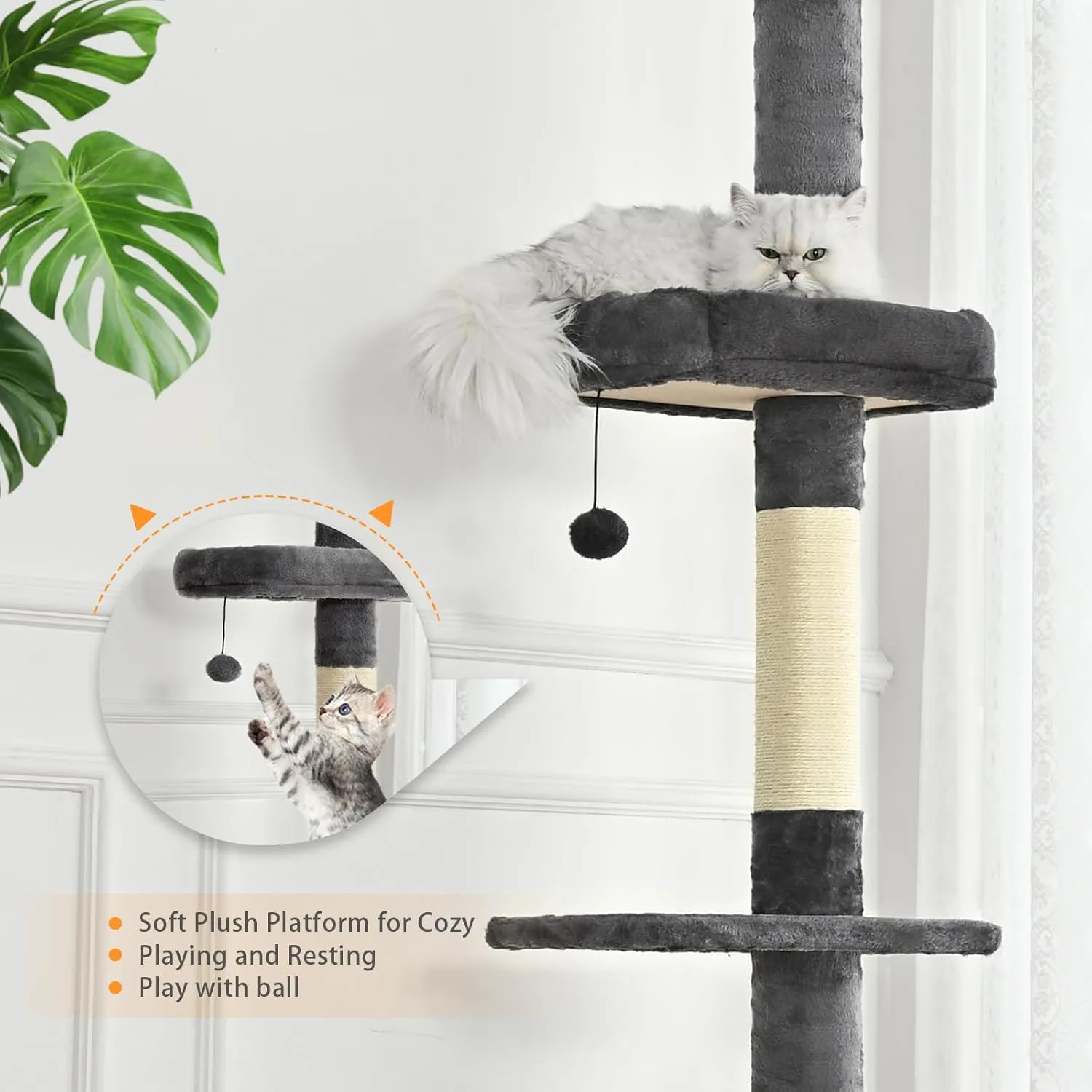 Floor to Ceiling Cat Tree,5 Tiers Tall Cat Tower with Adjustable Height(95-110),Cat Tree Ceiling to Floor with Cozy Hammock,Sisal Scratching Posts,Platforms,and Hanging Balls for Large Cats
