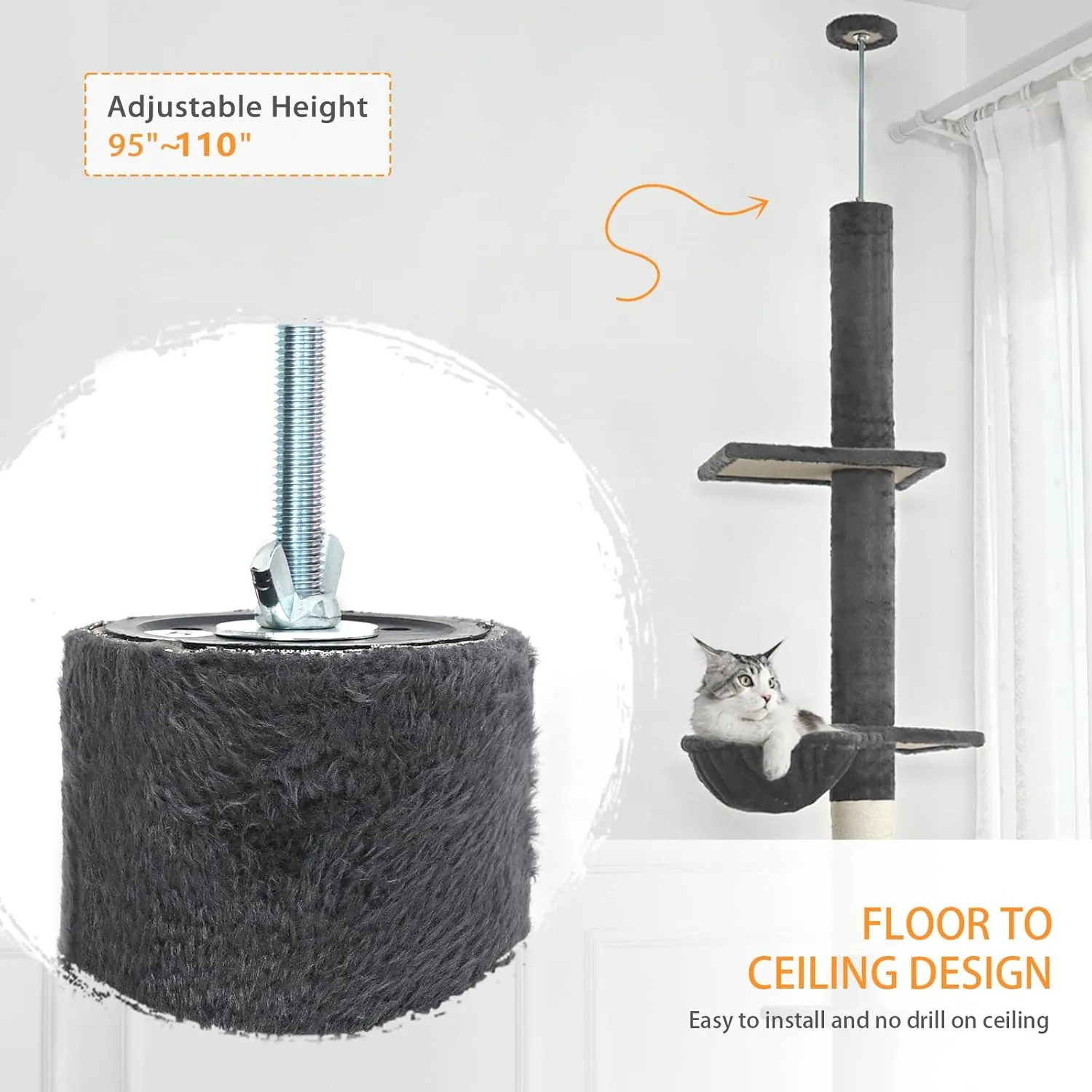 Floor to Ceiling Cat Tree,5 Tiers Tall Cat Tower with Adjustable Height(95-110),Cat Tree Ceiling to Floor with Cozy Hammock,Sisal Scratching Posts,Platforms,and Hanging Balls for Large Cats