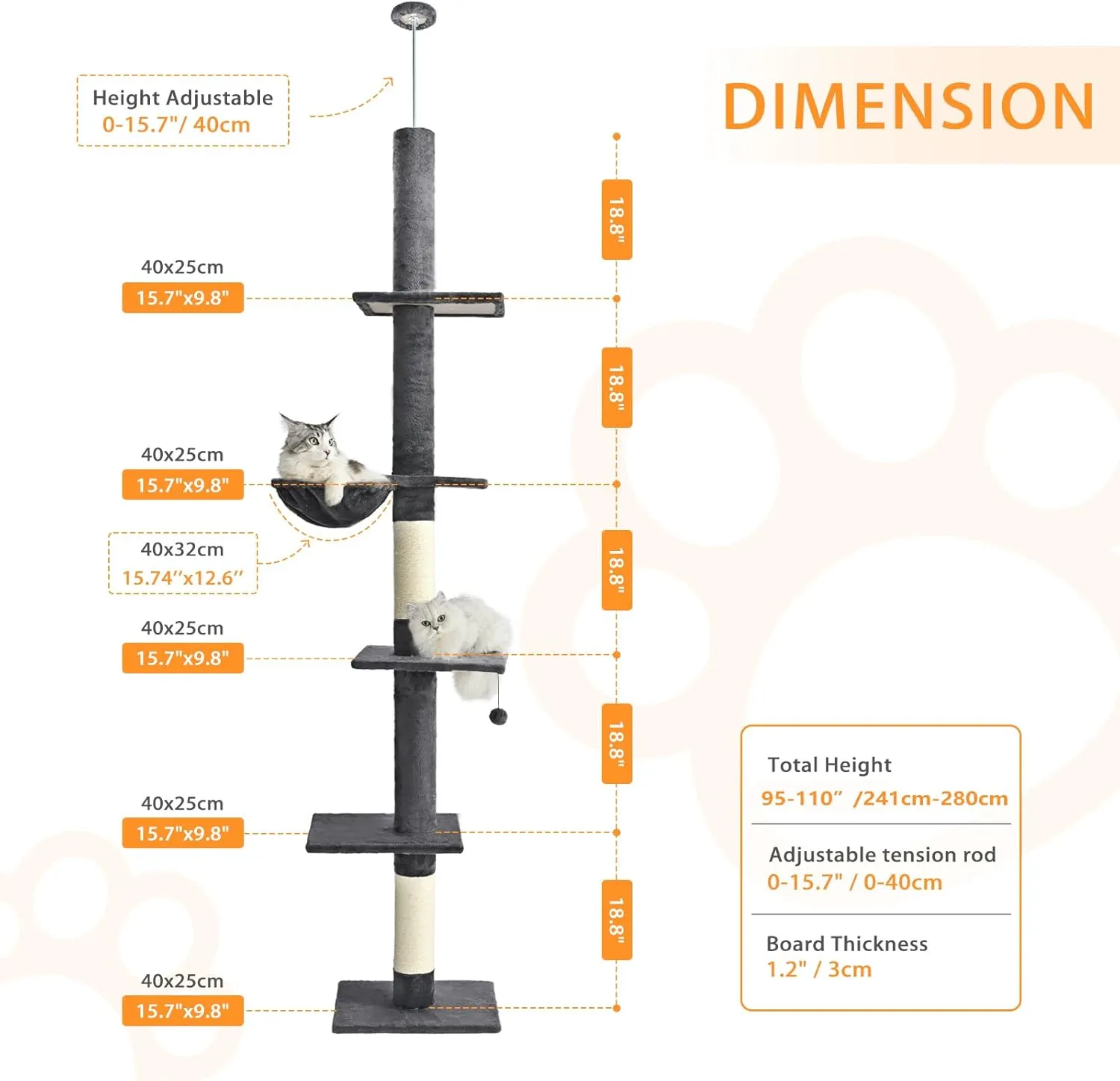 Floor to Ceiling Cat Tree,5 Tiers Tall Cat Tower with Adjustable Height(95-110),Cat Tree Ceiling to Floor with Cozy Hammock,Sisal Scratching Posts,Platforms,and Hanging Balls for Large Cats