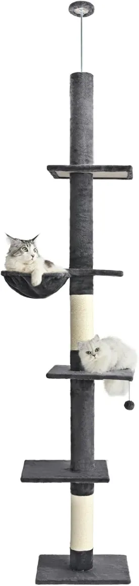 Floor to Ceiling Cat Tree,5 Tiers Tall Cat Tower with Adjustable Height(95-110),Cat Tree Ceiling to Floor with Cozy Hammock,Sisal Scratching Posts,Platforms,and Hanging Balls for Large Cats