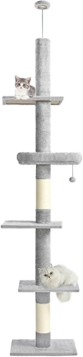 Floor to Ceiling Cat Tree,Cat Tower with Adjustable Height 95-110 Inches,5 Tiers Tall Cat Tree Ceiling to Floor with Cozy Bed,Platforms,Sisal Scratching Posts for Large Cats,Gray