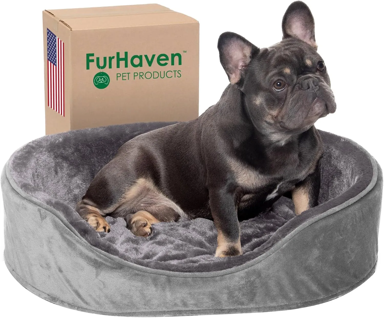 Furhaven Orthopedic Dog Bed for Large/Medium Dogs w/ Removable Washable Cover, For Dogs Up to 30 lbs - Plush & Velvet Oval Lounger - Smoke Gray, Large