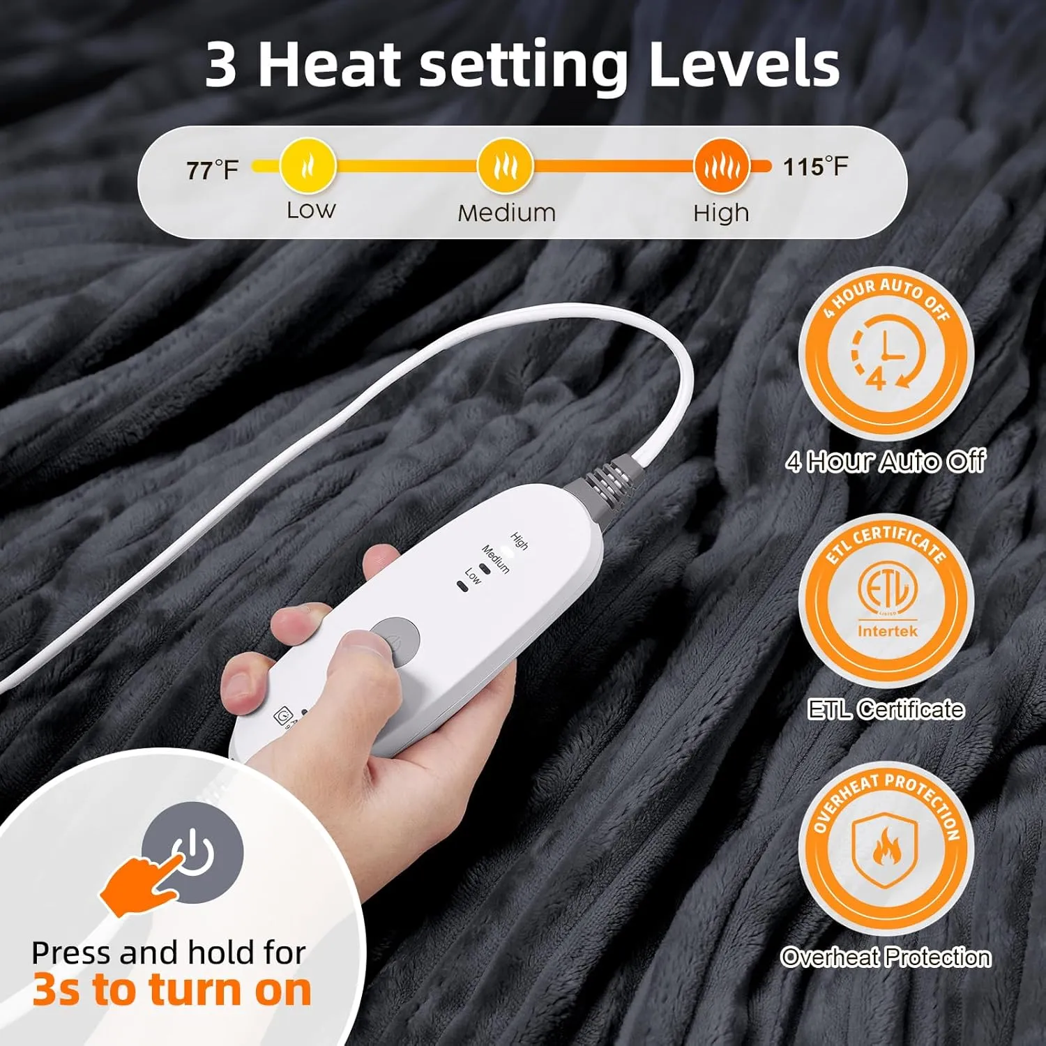 HYLEORY Heated Blanket Electric Throw 50"x60", Soft Flannel Sherpa Heater 3 Heat Settings and 4 Hours Auto Shut-Off Heating Blanket ETL Certification Over-Heat Protection Machine Washable,Dark Grey