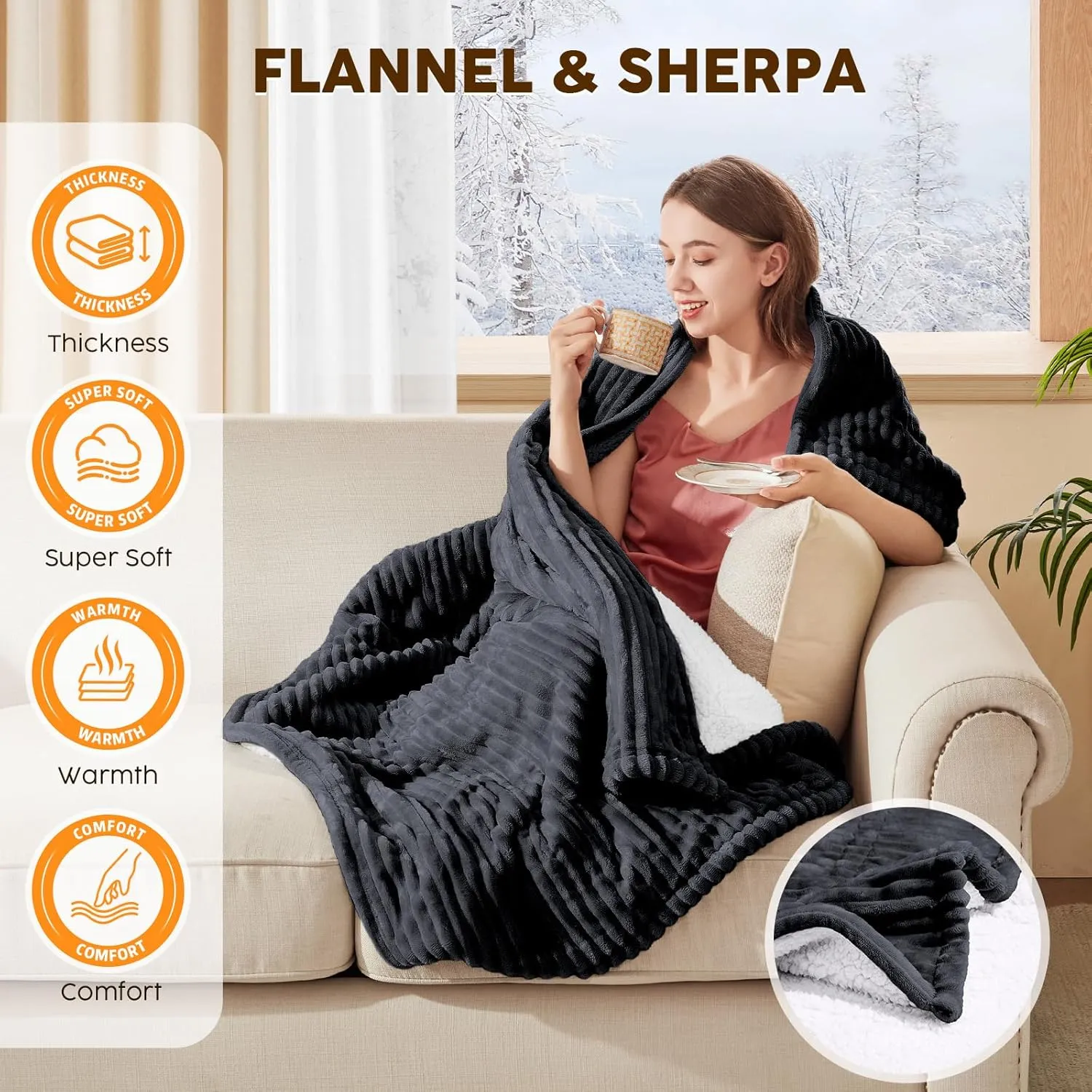 HYLEORY Heated Blanket Electric Throw 50"x60", Soft Flannel Sherpa Heater 3 Heat Settings and 4 Hours Auto Shut-Off Heating Blanket ETL Certification Over-Heat Protection Machine Washable,Dark Grey