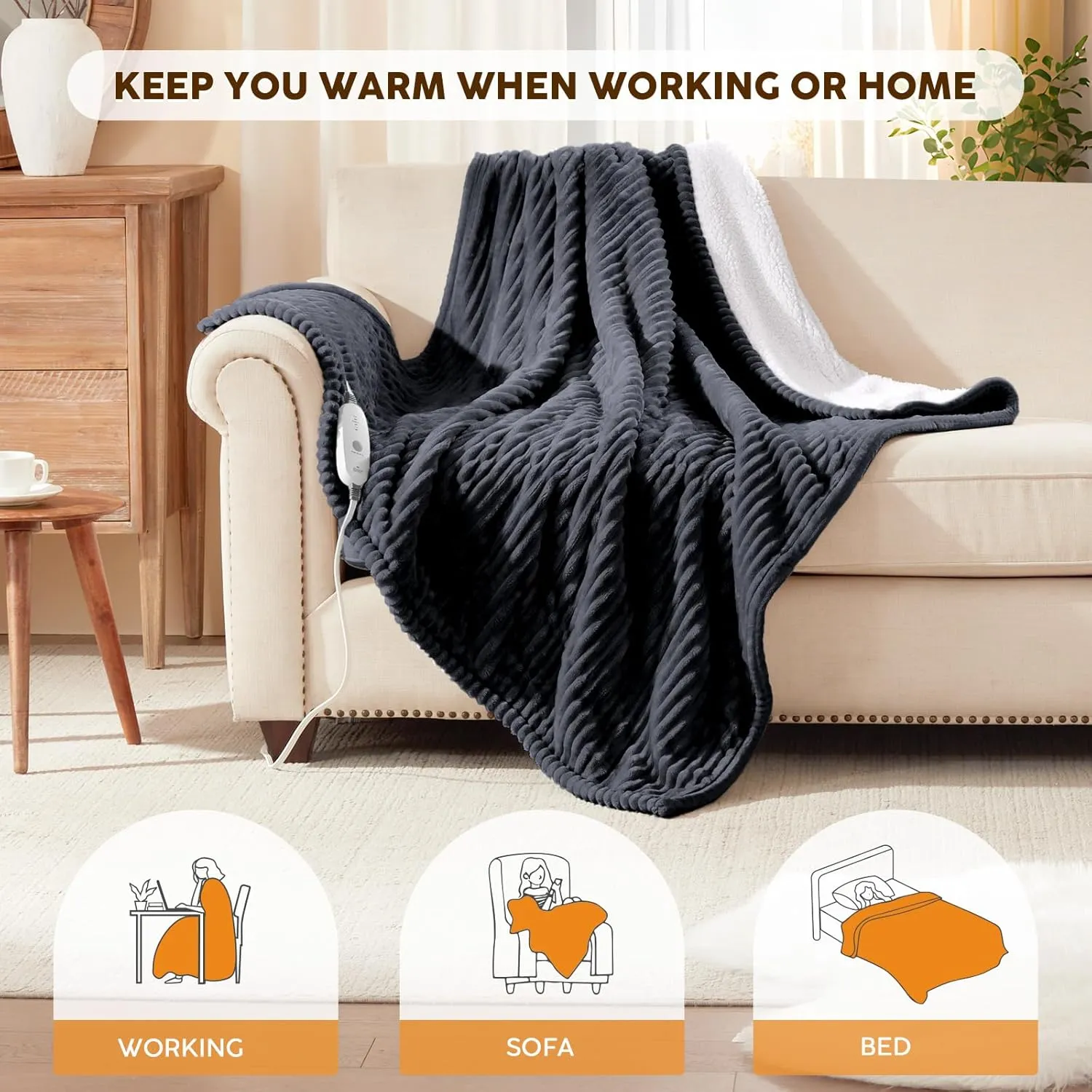 HYLEORY Heated Blanket Electric Throw 50"x60", Soft Flannel Sherpa Heater 3 Heat Settings and 4 Hours Auto Shut-Off Heating Blanket ETL Certification Over-Heat Protection Machine Washable,Dark Grey