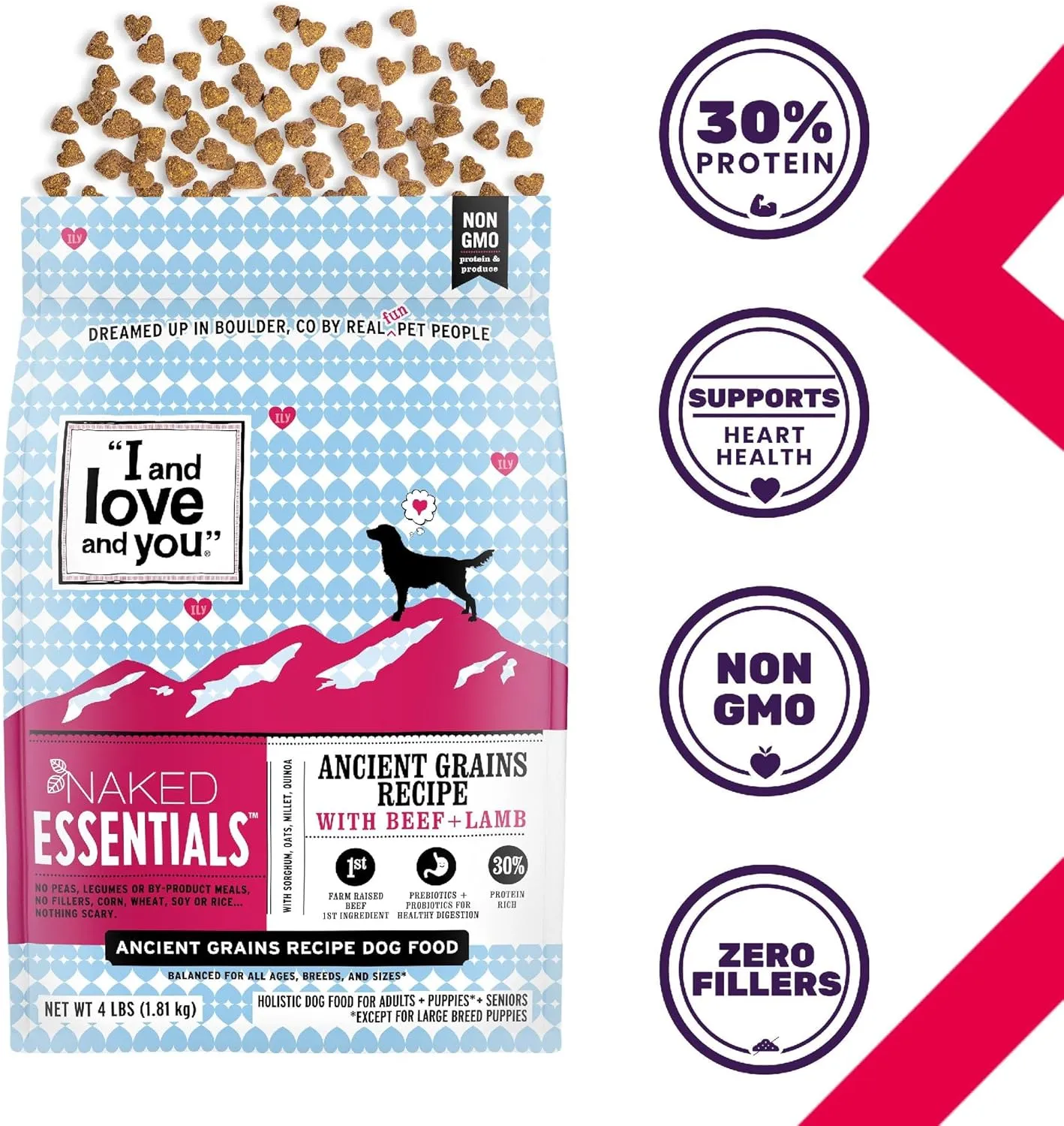 I and love and you Naked Essentials Ancient Grains Dry Dog Food - Lamb   Beef - High Protein, Real Meat, No Fillers, 4lb Bag
