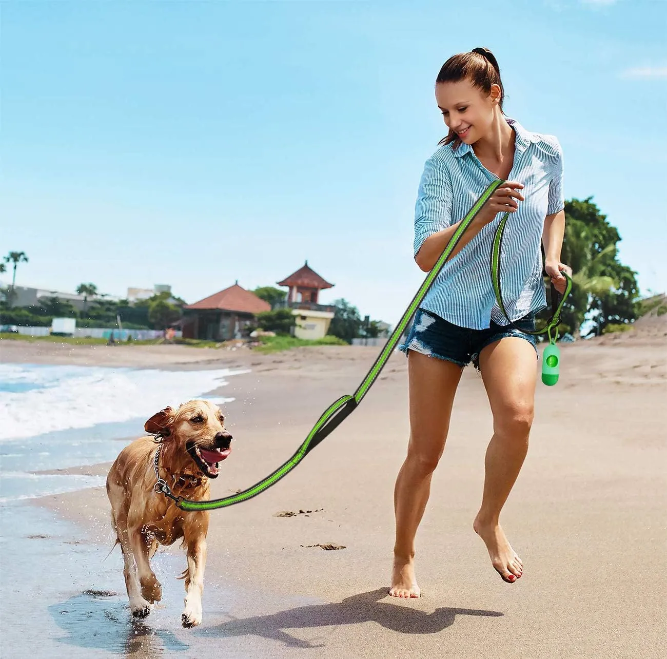 JSXD Heavy Duty Double Handle Dog Leash - 5 FT with Comfortable Padded and Reflective Rope, for Small to Large Dogs (Wide-Green)