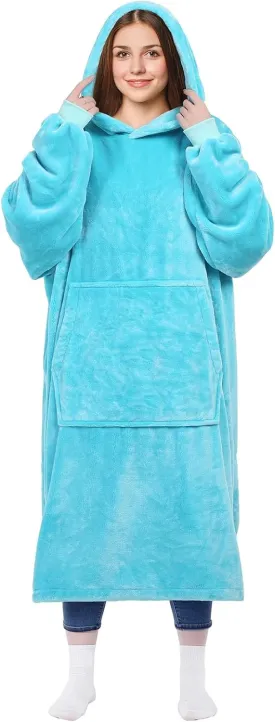 KPBLIS Wearable Blanket Hoodie Gifts for Women and Men, Oversized Hooded Blankets Sweatshirt Adult Birthday Gifts for Mom Girlfriend Gifts, Cozy Fleece Blanket with Sleeves and Giant Pocket, Cyan