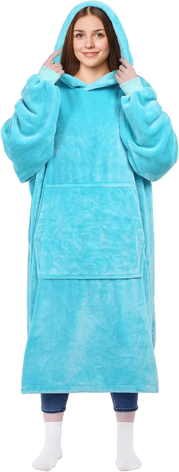 KPBLIS Wearable Blanket Hoodie Gifts for Women and Men, Oversized Hooded Blankets Sweatshirt Adult Birthday Gifts for Mom Girlfriend Gifts, Cozy Fleece Blanket with Sleeves and Giant Pocket, Cyan