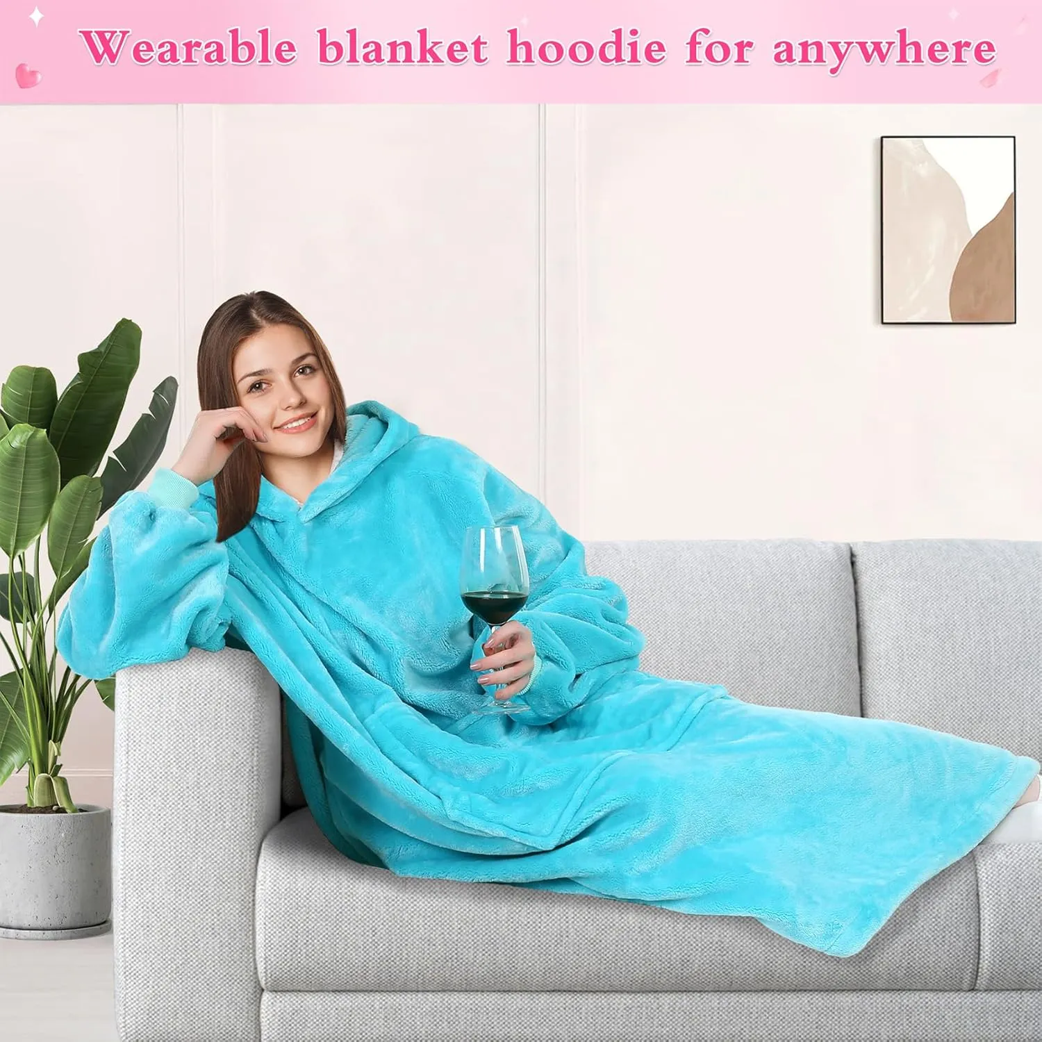 KPBLIS Wearable Blanket Hoodie Gifts for Women and Men, Oversized Hooded Blankets Sweatshirt Adult Birthday Gifts for Mom Girlfriend Gifts, Cozy Fleece Blanket with Sleeves and Giant Pocket, Cyan