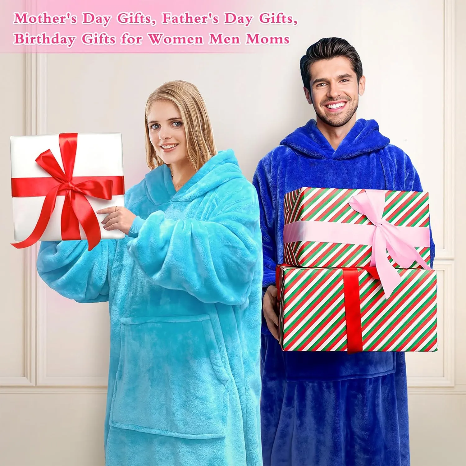 KPBLIS Wearable Blanket Hoodie Gifts for Women and Men, Oversized Hooded Blankets Sweatshirt Adult Birthday Gifts for Mom Girlfriend Gifts, Cozy Fleece Blanket with Sleeves and Giant Pocket, Cyan