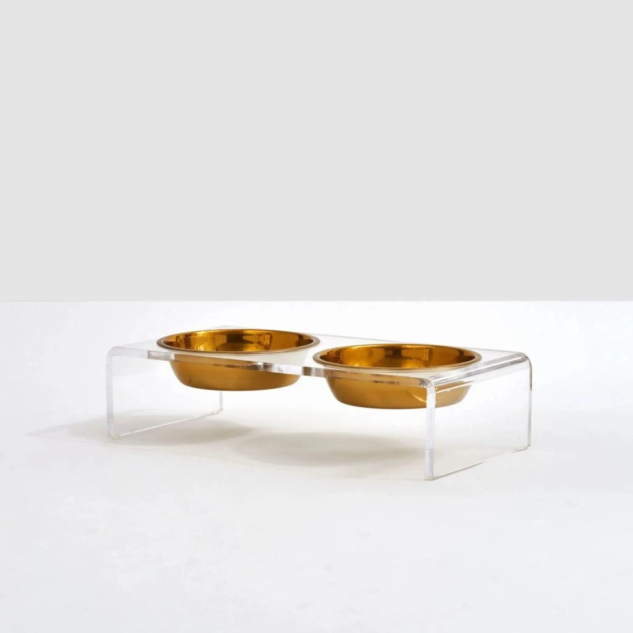Large Clear Double Dog Bowl Feeder with Gold Bowls