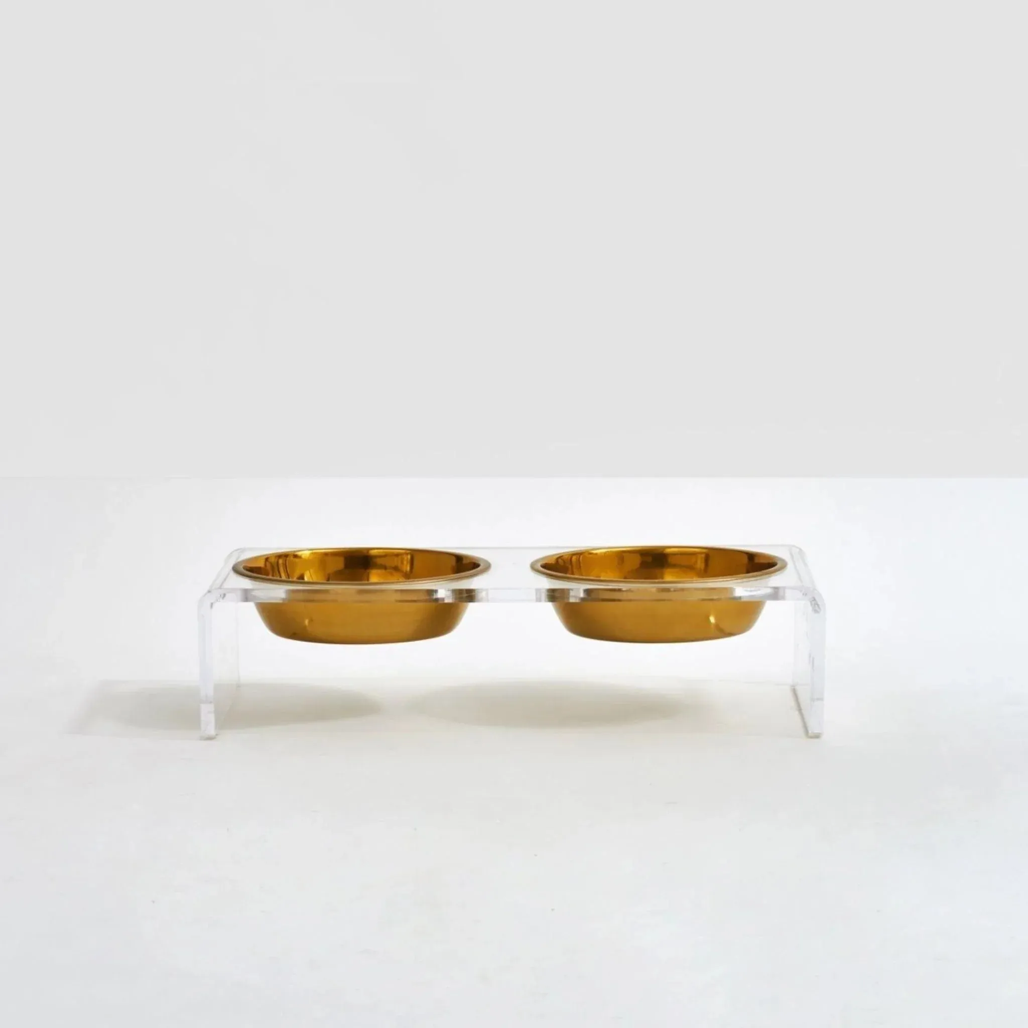 Large Clear Double Dog Bowl Feeder with Gold Bowls