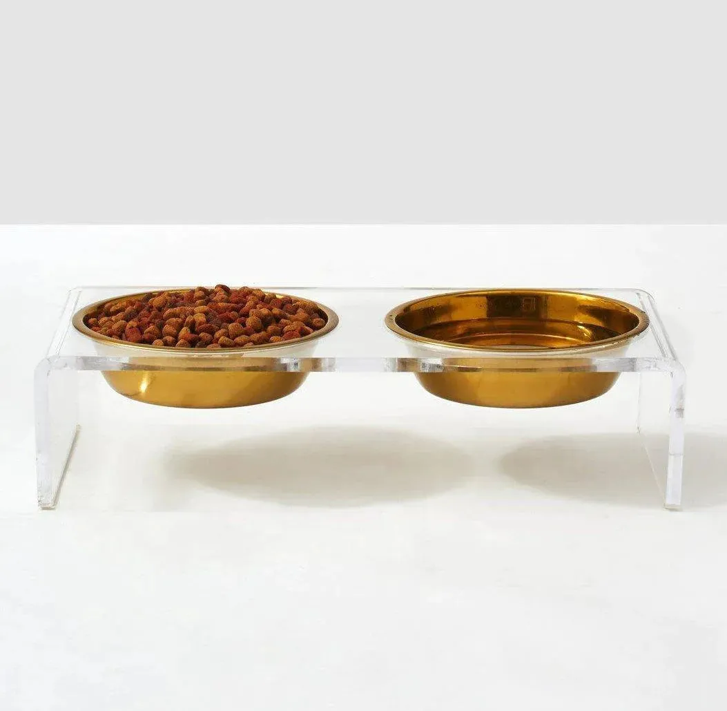 Large Clear Double Dog Bowl Feeder with Gold Bowls