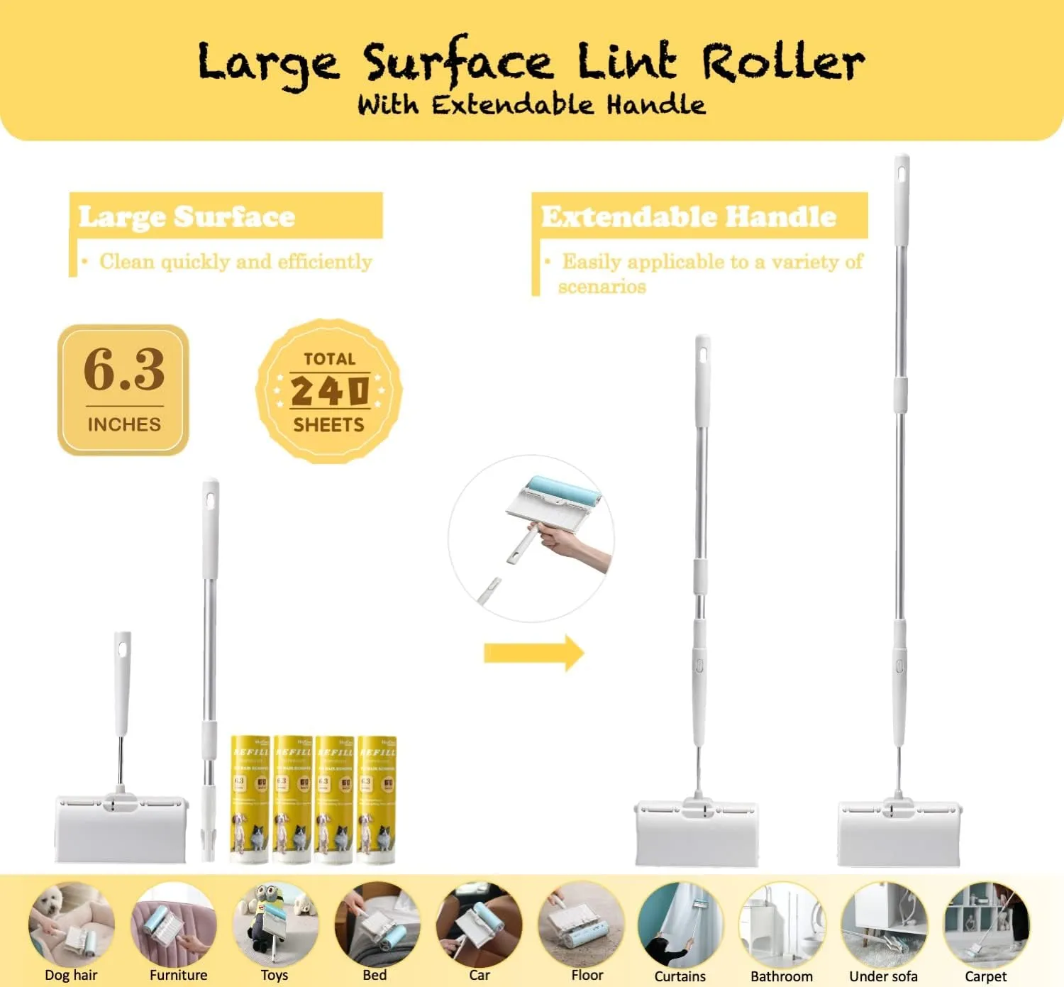 Large Surface Lint Roller with Extendable Long Handle Dust-Proof Cover 6.3'' Wider 240 Sheets, Long Handle Sticky Mop for Cleaning Furniture Carpet Floor Curtains and Pet Hair