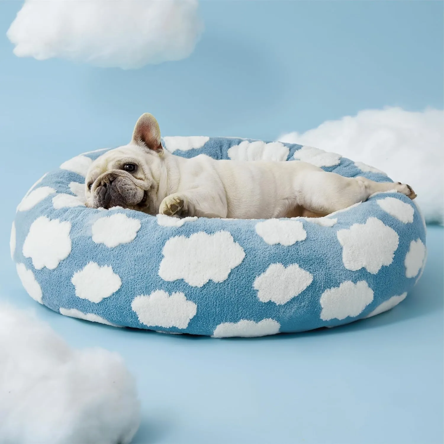 Lesure Donut Dog Bed Medium Size Dog - Round Cat Beds for Indoor Calming Pet with Washable Cover, Cute Modern Puppy Beds with Jacquard Shaggy Plush & Anti Slip Bottom, 30 Inch, Blue