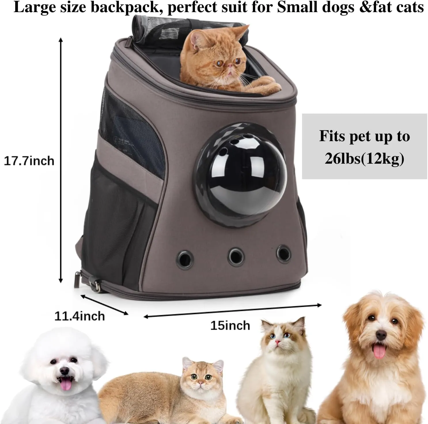 LOLLIMEOW Large Pet Carrier Backpack, Bubble Backpack Carrier for Fat Cats and Puppies,Airline-Approved(Grey)