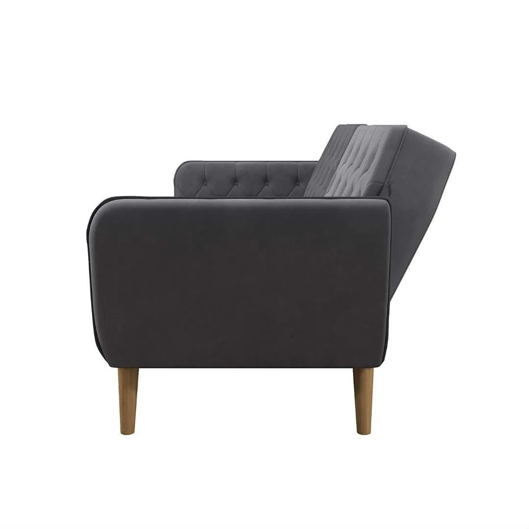 Memory Foam Futon Sofa Bed with Grey Velvet Upholstery and Wooden Legs